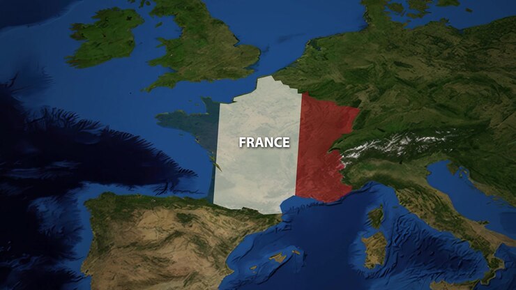 Zoom fluido da una mappa del mondo all'Europa, evidenziando la Francia con la sua bandiera nazionale tricolore