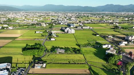 Vista-Aérea-De-Campos-De-Arroz-Verde,-Casas-De-Campo-Y-Montañas-Con-Cielo-Azul-En-El-Fondo---Taiwán,-Ciudad-De-Yilan