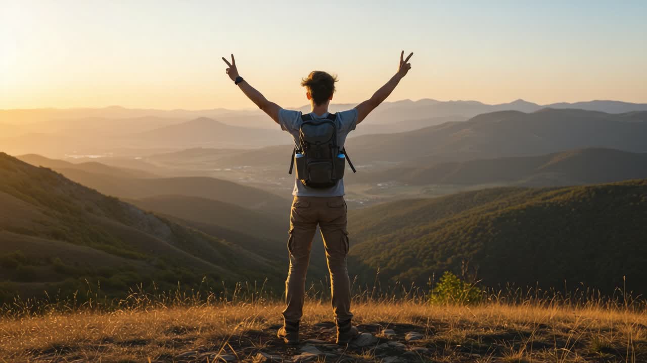A Joyful Hiker Celebrating the Beauty of Nature at Sunset from a Mountain Peak, Embracing Freedom and Adventure with Outstretched Arms and Peace Signs