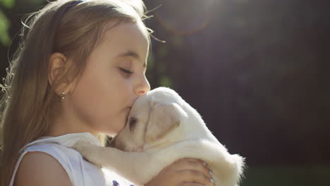 Close-up-view-of-a-caucasian-little-girl-holding-and-kissing-a-small-labrador-puppy-in-the-park-on-a-summer-day