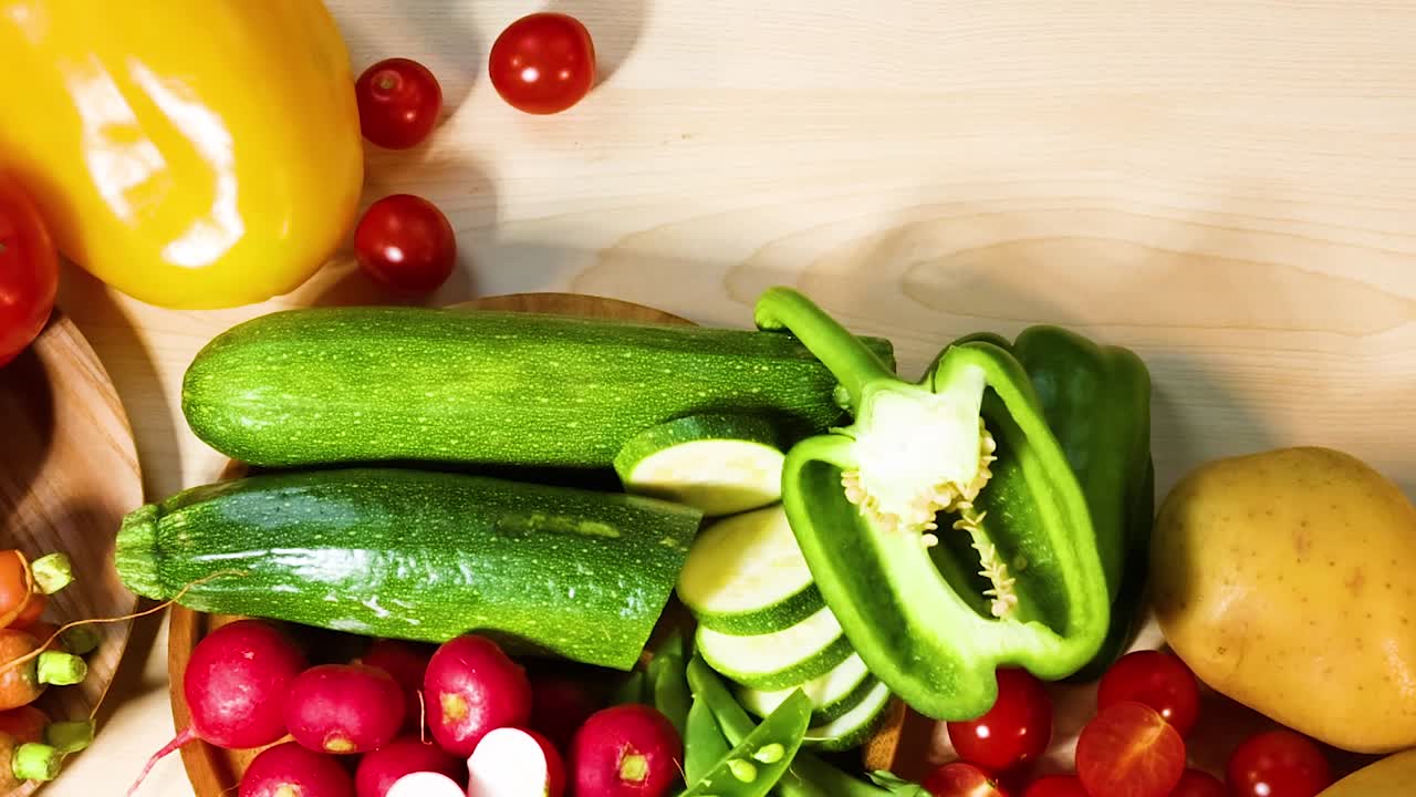 A vibrant arrangement of zucchini, peppers, and tomatoes on a wooden table.