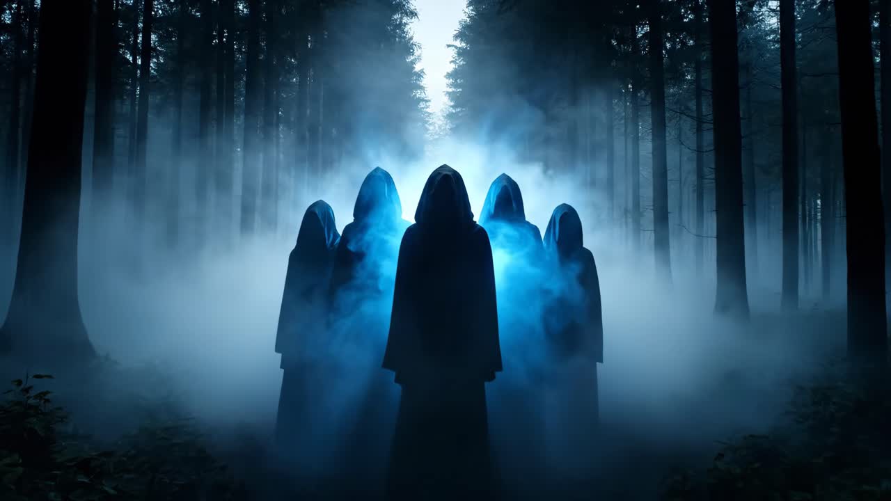 Hooded Figures in a Misty Forest