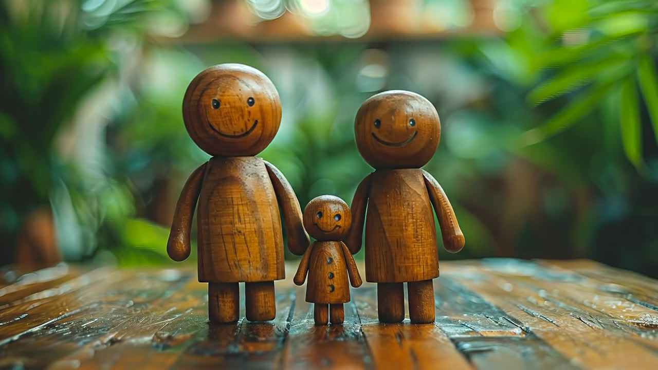 Statuine di una famiglia in legno in interni. Tre statuine di una famiglia in legno sono raggruppate su un tavolo in uno spazio interno luminoso con piante sullo sfondo.