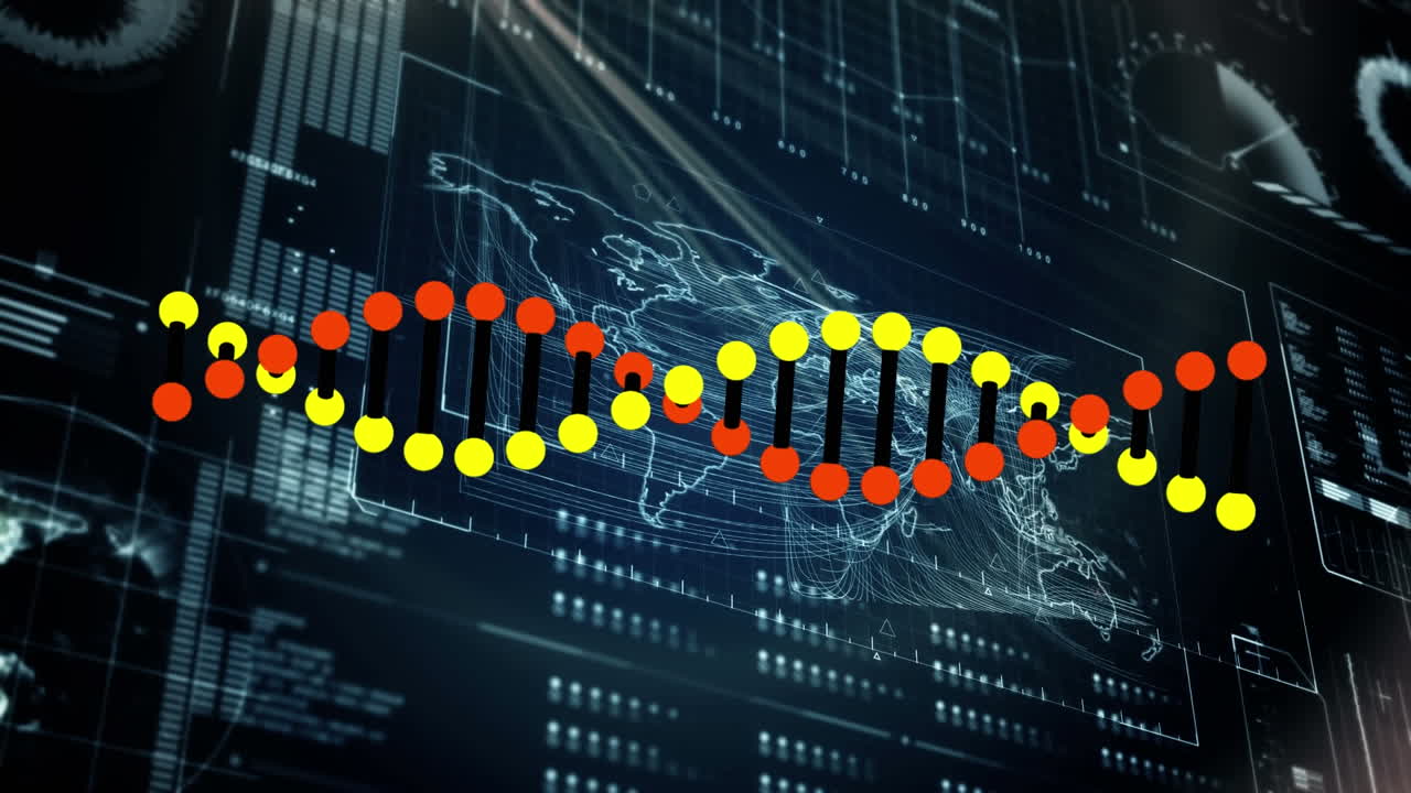 정보 및 데이터 처리와의 인터페이스를 돌리는 dna 가닥의 애니메이션