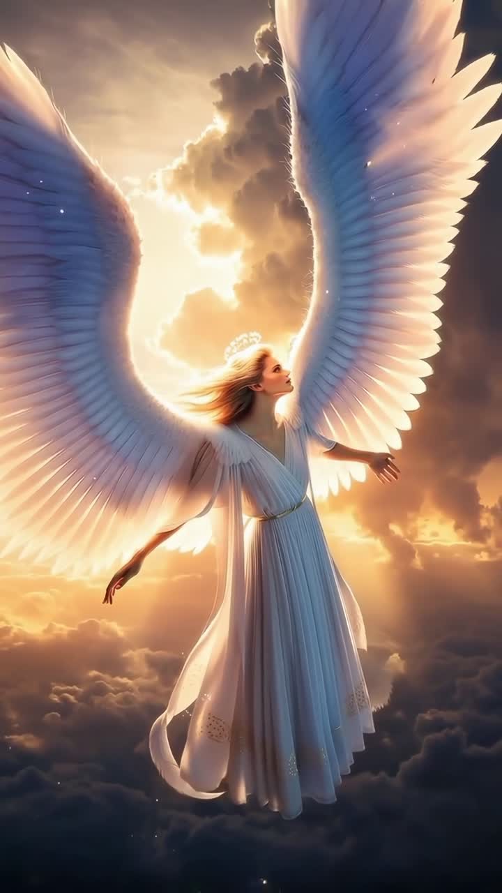 Aerial view of an angelic figure with wings, bathed in golden light, resembling a fantasy video