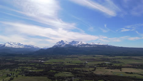 patagonian rural landscape, drone fly argentine snowy mountain peaks at chubut, trevelin, national park