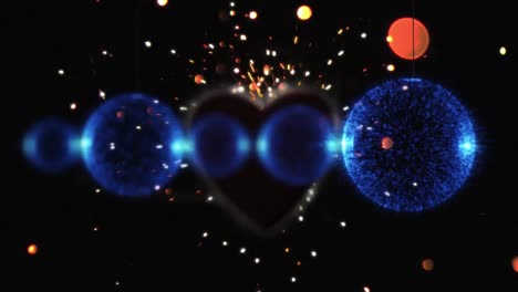 animation of christmas decoration over heart with fireworks