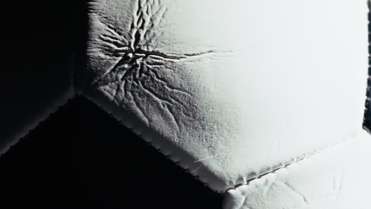 Dettaglio della texture di un pallone da calcio in bianco e nero che ruota come sfondo.