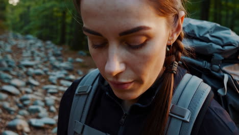 woman hiking in the forest with backpack