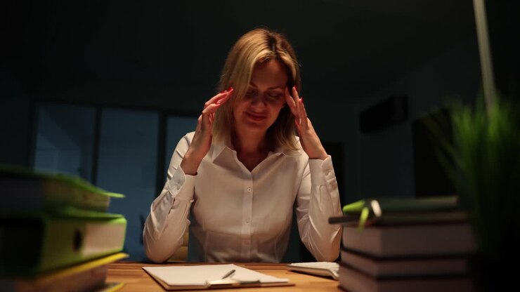 Stressed businesswoman working late at night