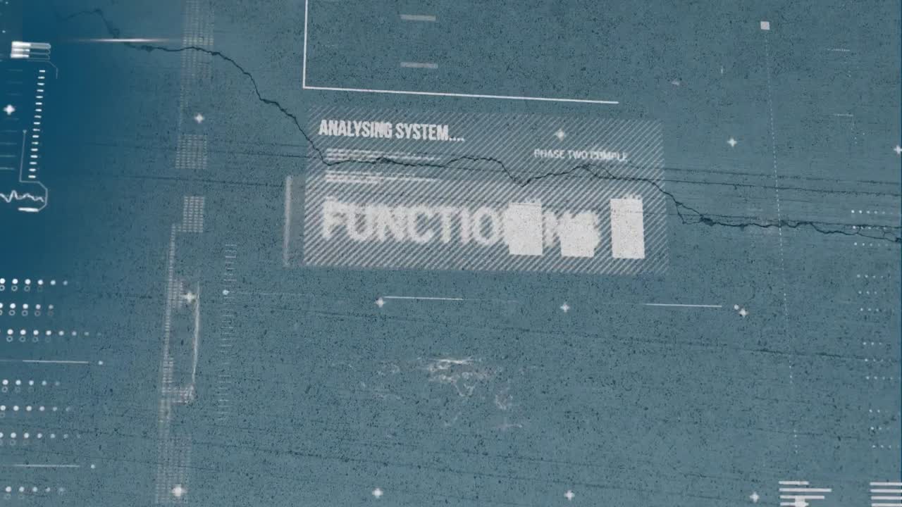 animación de mapas, gráficos, barras de carga y lenguaje informático contra la pared agrietada en el fondo