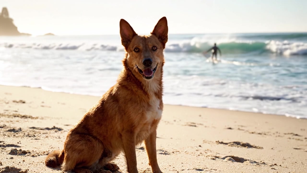 Un cane giocoso si gode la spiaggia mentre un surfista cavalca le onde sullo sfondo all'alba, catturando un momento perfetto di gioia ed energia in riva all'oceano.