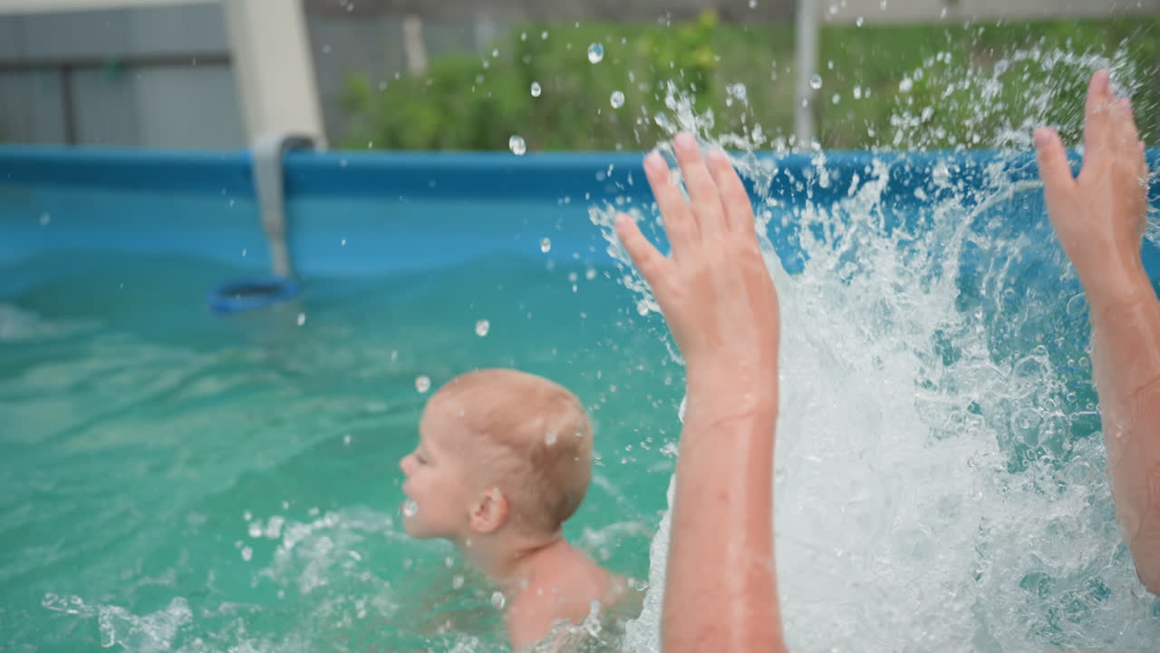 Kids Splash Happily, Young Children Play Energetically, Excited Youngsters Splash Water In Backyard During Sunshine, Pleasureful Children Enjoy Energetic Water Play Outdoors On Sunny Day