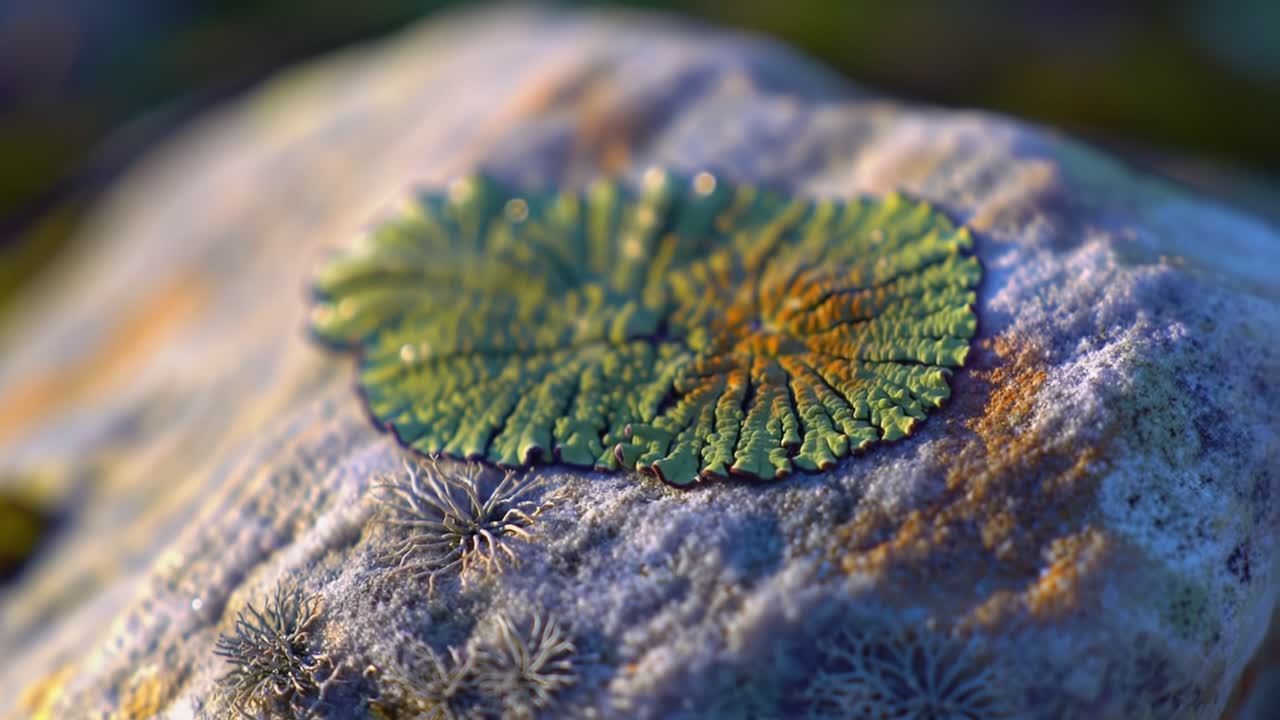 A Close-Up Exploration of Nature's Wonders: The Intricate Textures of a Leaf Resting on a Mossy Rock, Captured in Stunning Detail and Vibrant Colors