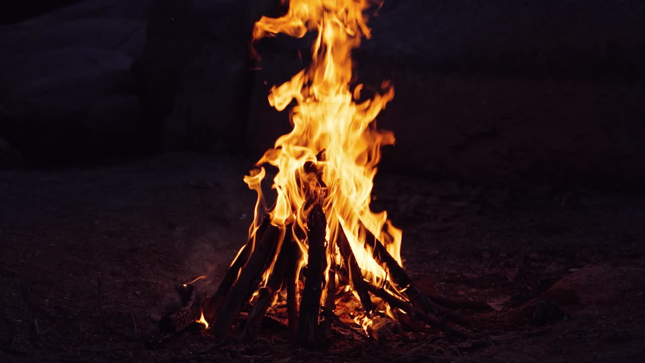 Burning fire. Bonfire. Closeup of flames burning on black background, slow motion