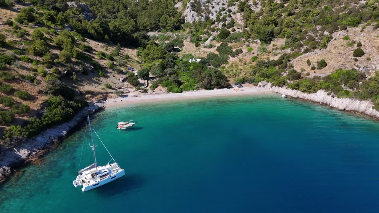 Aerial drone view of boats ships cruise sail sailing croatia Dalmatian coast balkans adriatic sea yachts