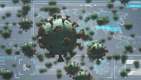 animación de las células del virus covid 19 sobre el procesamiento de datos en fondo gris