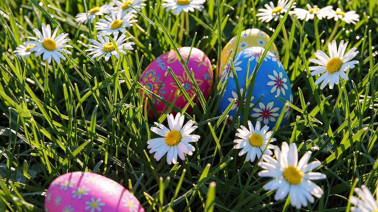 Close-up video angle of colorful Easter eggs nestled in grass with daisies, capturing a vibrant