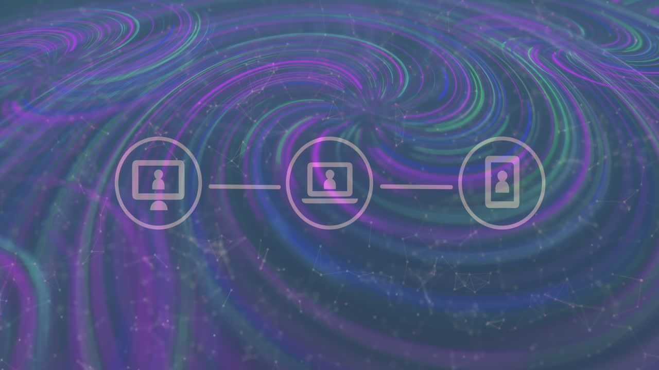 animación digital de una red de iconos digitales contra ondas digitales en fondo púrpura