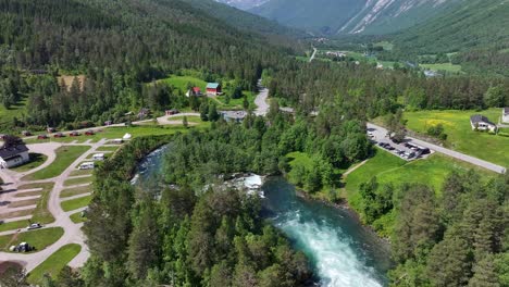 the drone gliding over the river valldøla in valldal, norway