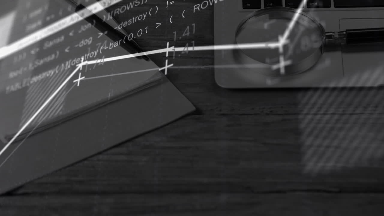 수학적 방정식과 그래프 애니메이션 노트북과 노트북을 가진 책상 위에