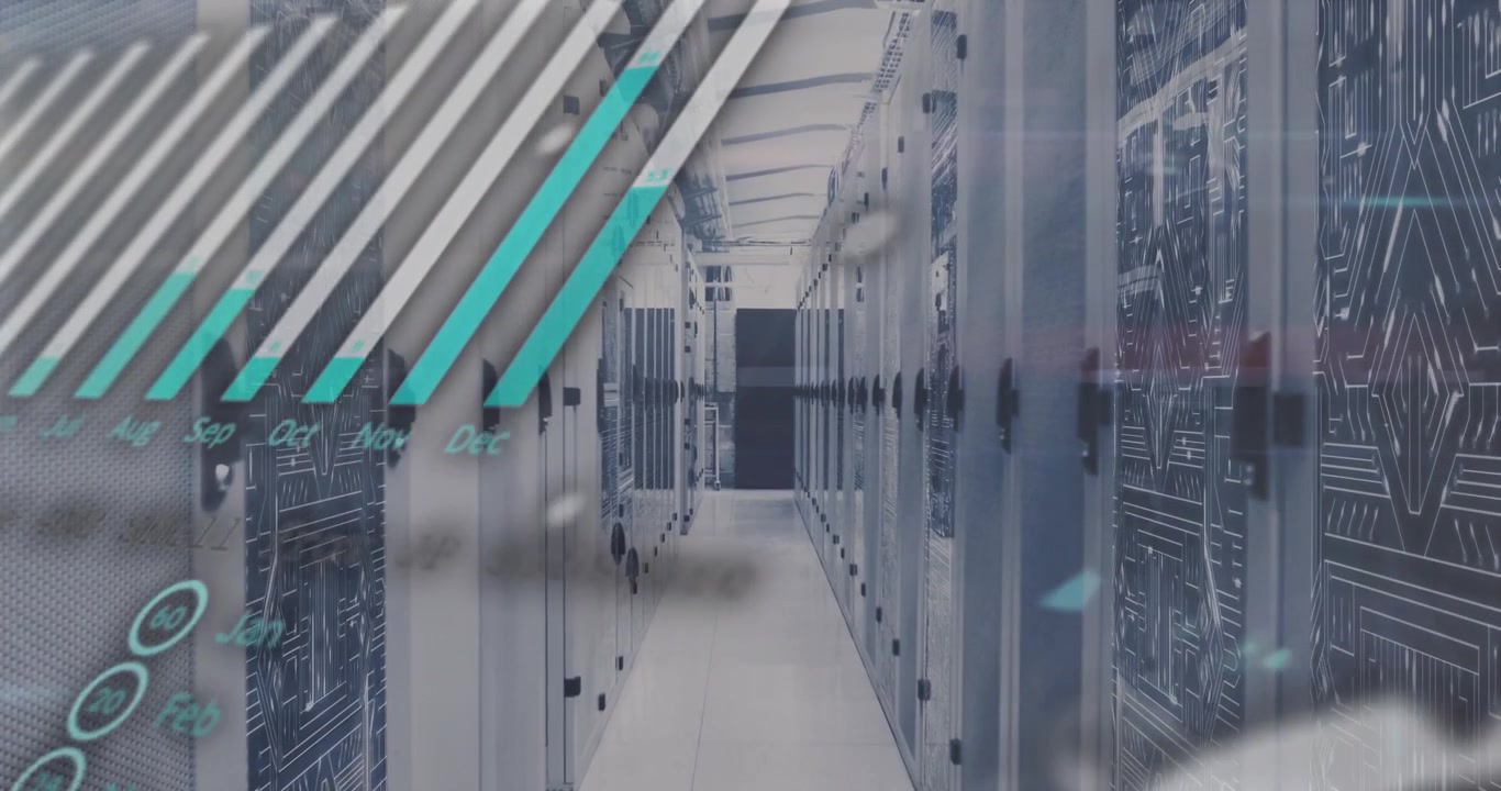 Data Center Server Room with Digital Analytics Overlay