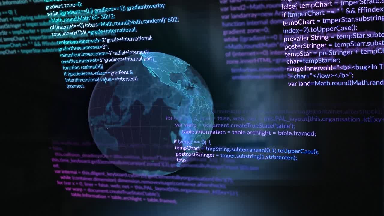 Animation of computer language over globe against warehouse in background