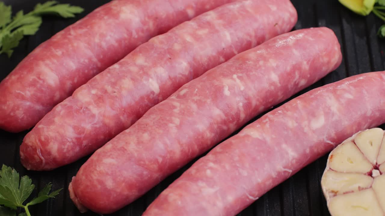 Fried meat sausage on a back grill close-up.Cooking corn dogs in boiling pan. Traditional asian corndog snacks street food. Korean Chinese street local market with traditional food. American fast food hot dogs with sauce on the top.