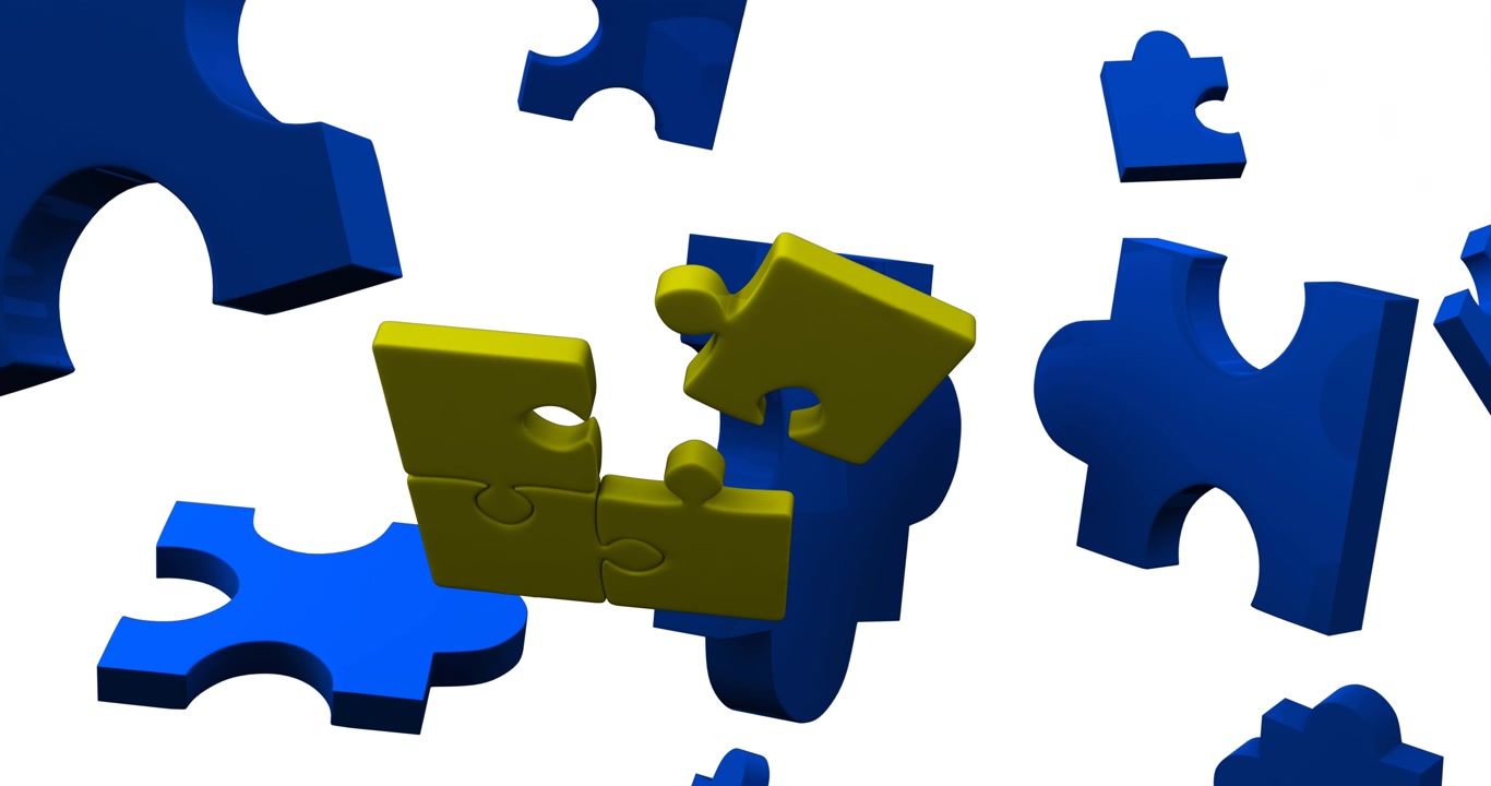 Questa è un'animazione digitale di pezzi di un puzzle blu che cadono su uno sfondo bianco.