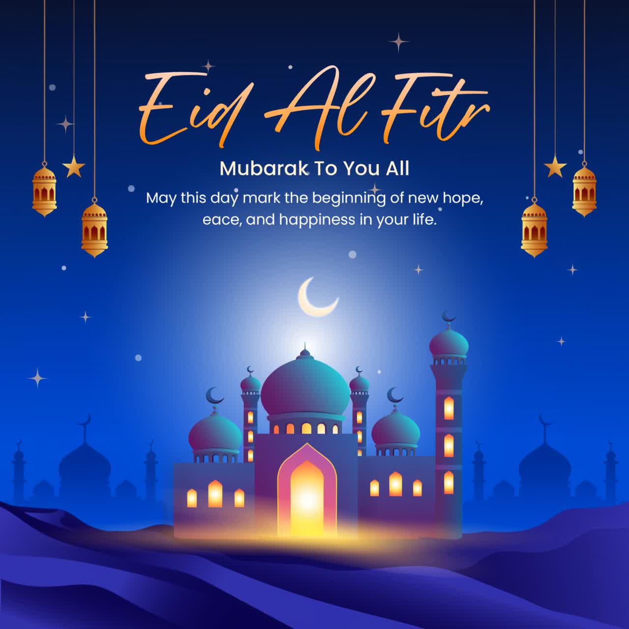 Animazione di auguri per l'Eid al-Fitr con moschea, luna crescente, lanterne appese e uno sfondo desertico blu notturno.
