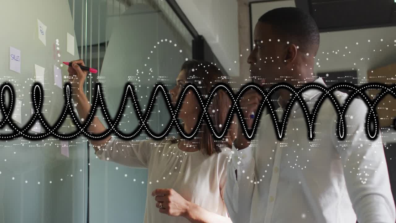 Woman adding pink sticky notes on glass, man observing, waveform overlay guiding business planning