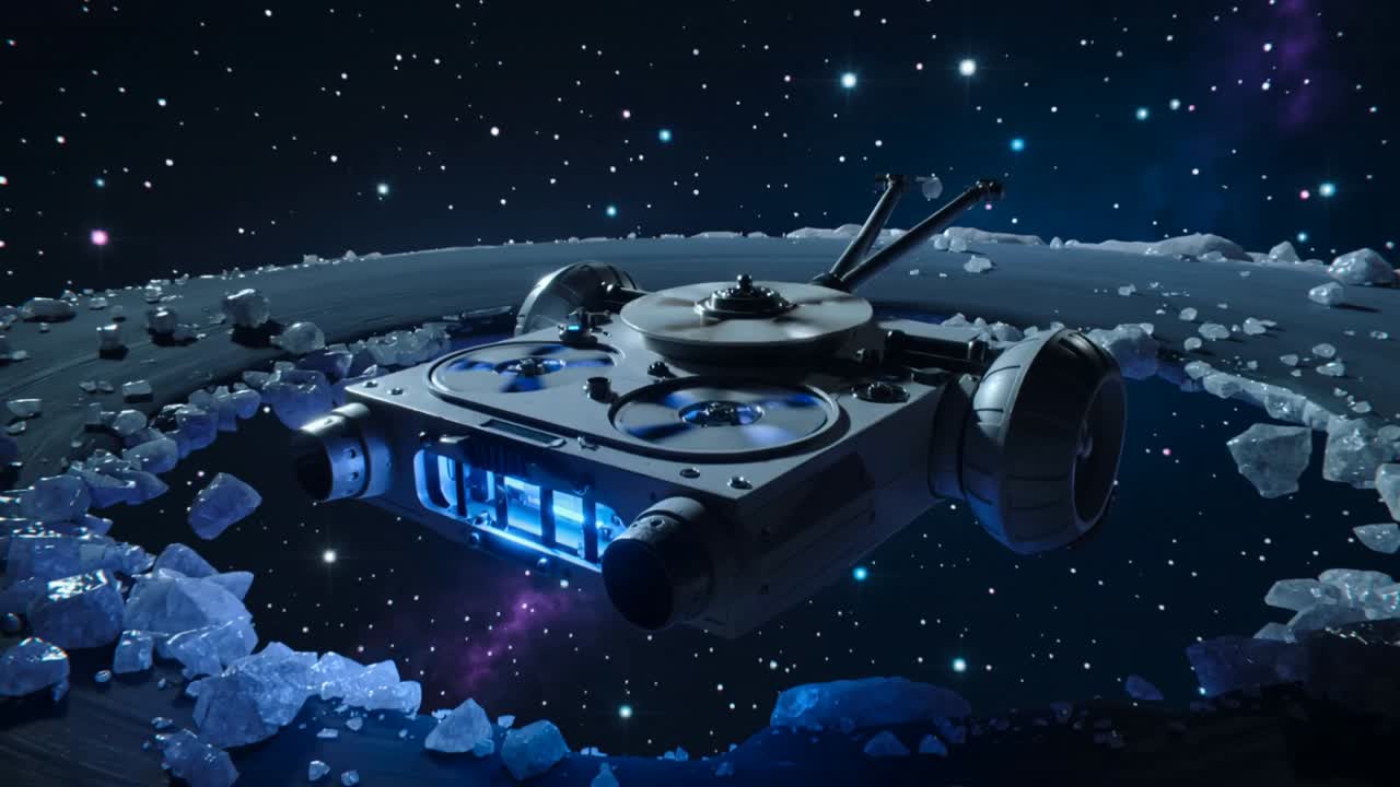 Igniting dual thrusters, rectangular ship ascending to clear crater rim, leaving blue exhaust trail