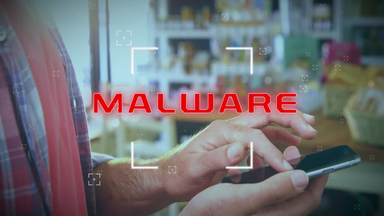 스마트폰을 사용하는 백인 남성에 대한 악성코드 텍스트의 애니메이션