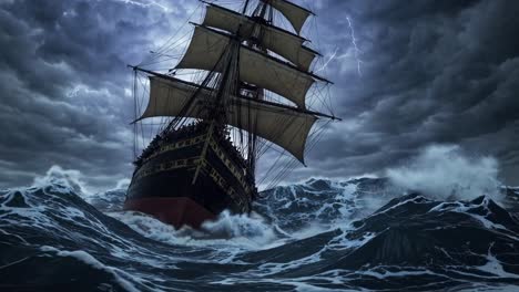dramatic low-angle shot of a sailing ship battling stormy seas, capturing intense motion