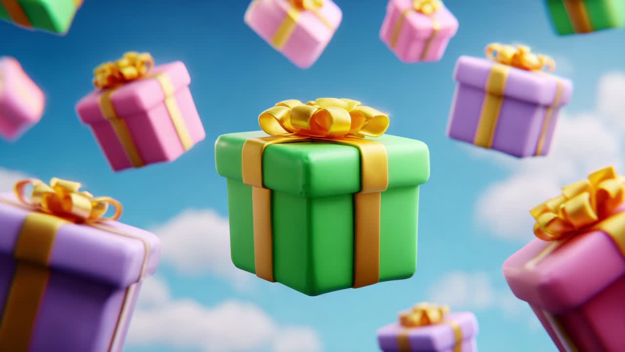 A Dynamic Celebration of Colorful Gift Boxes Floating Against a Bright Blue Sky with Fluffy Clouds, Emphasizing Festivity and Joy in a Cheerful Animation