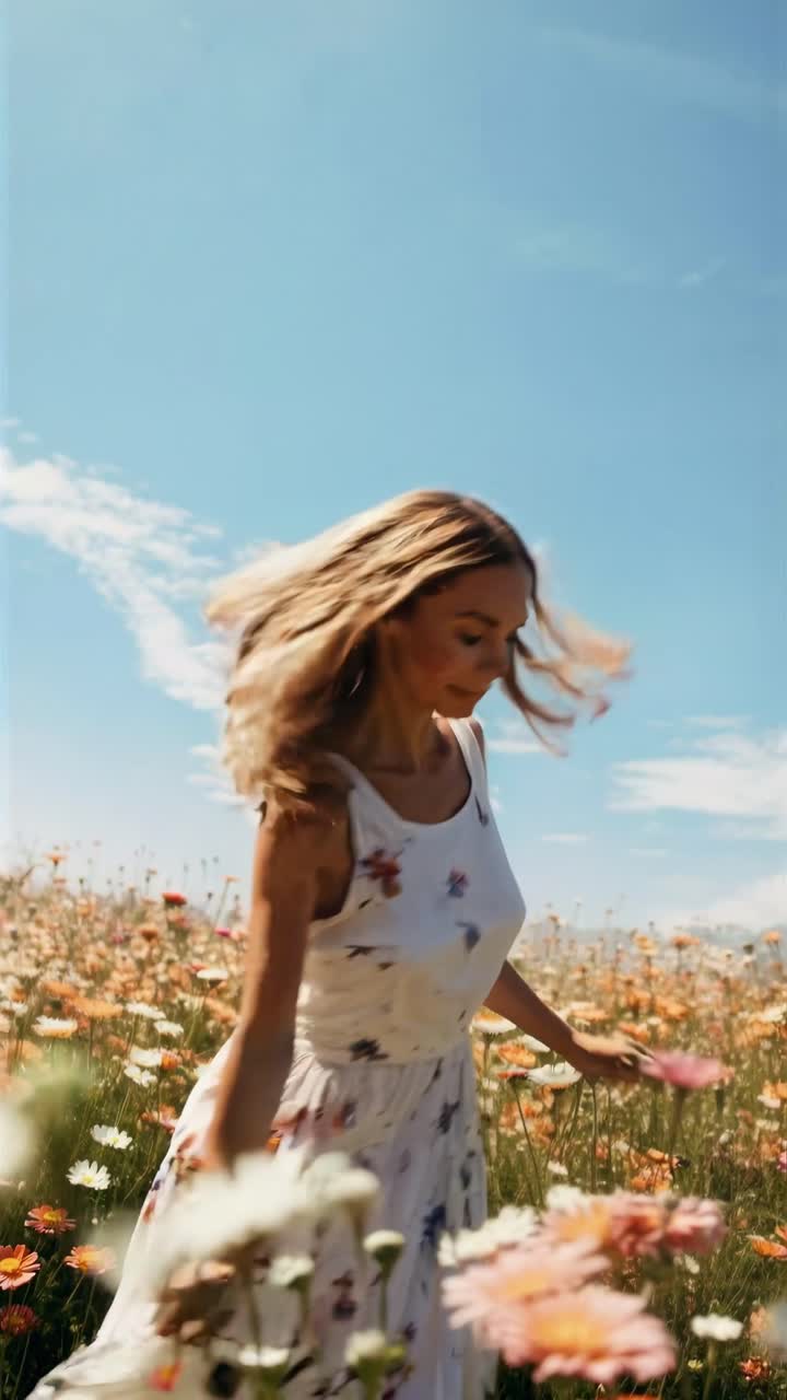 A dynamic, low-angle video captures a woman twirling in a floral dress in a wildflower field