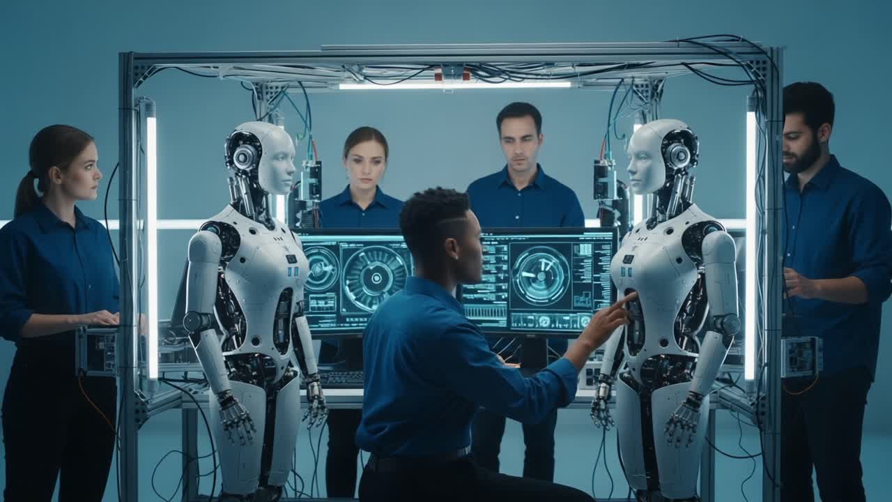 A team of researchers engages closely with advanced humanoid robots, analyzing their functions and interactions in a futuristic lab environment designed for artificial intelligence development