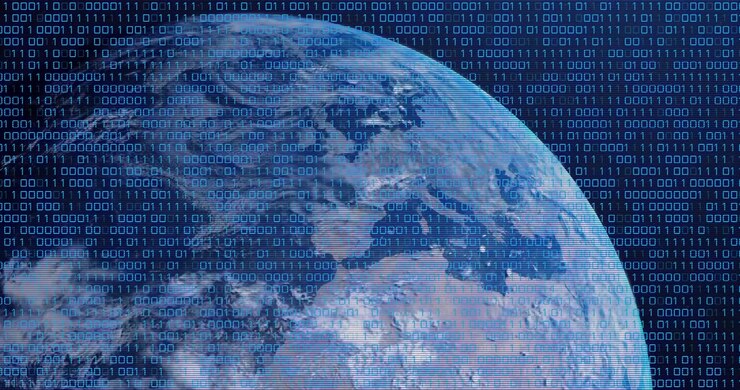 Animation of binary coding digital data processing over computer servers