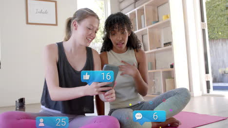 Animation of social media text and icons over diverse girlfriends using smartphone