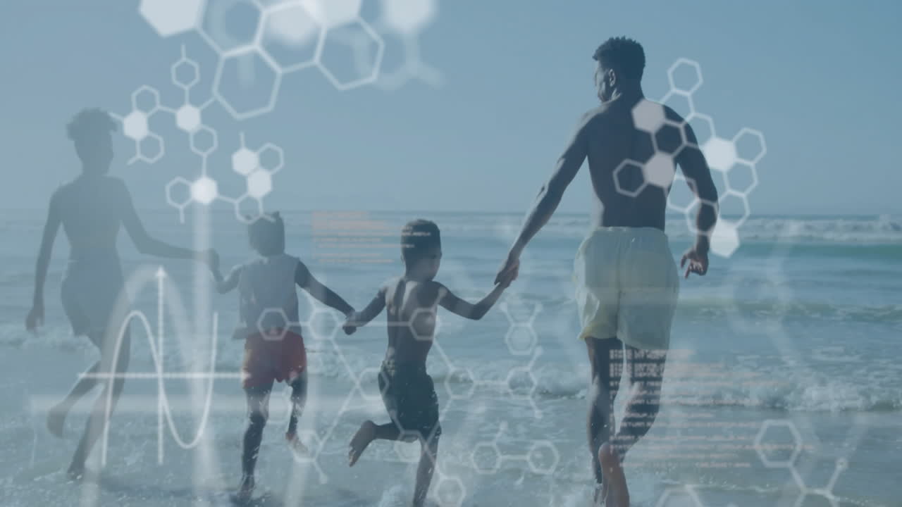 해변에서 달리는 가족, 손을 잡고 분자 구조 애니메이션