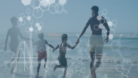 Running-on-beach,-family-holding-hands-over-molecular-structure-animation