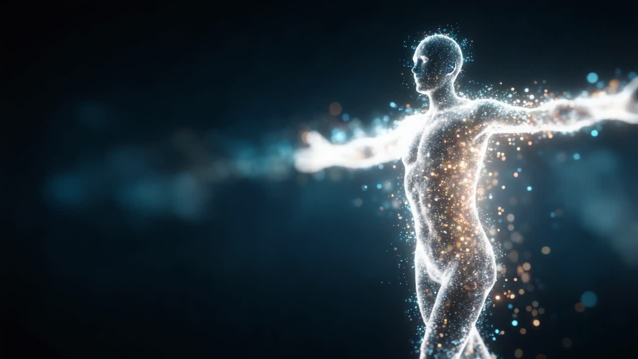 Ethereal Representation of a Human Form Composed of Glowing Particles Emitting Light, Symbolizing the Intersection of Technology and Human Existence in a Digital Realm