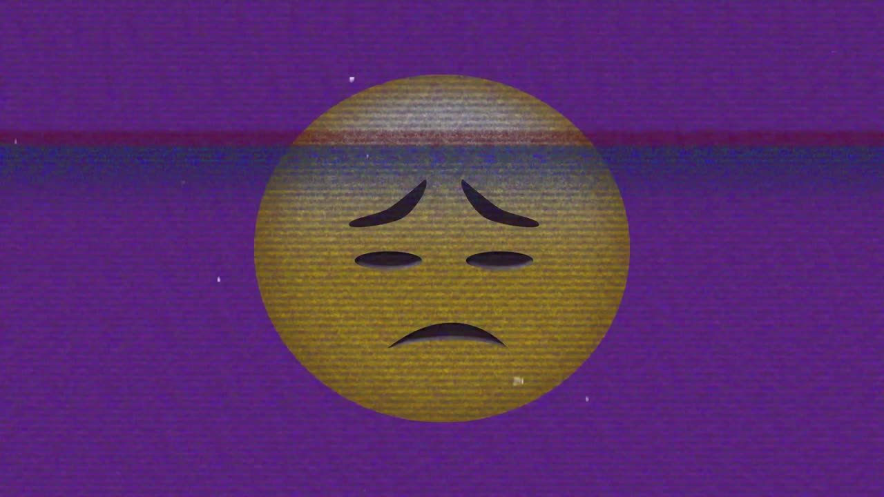 슬픈 이모지 아이콘의 애니메이션 화면 위에 소음이 있습니다.