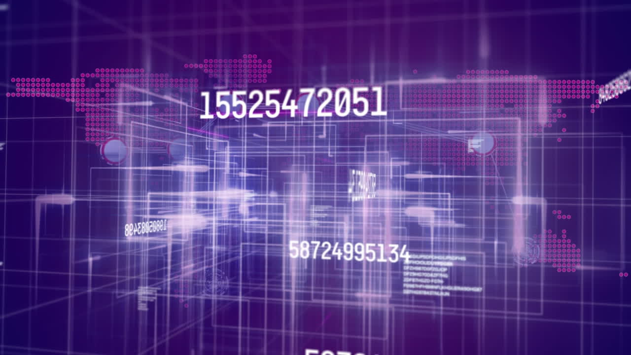 animación de números cambiando el procesamiento de datos contra el mapa del mundo y la cuadrícula