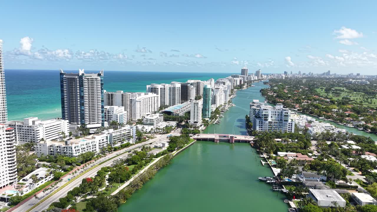 Drone Shot of Miami Beach, Indian Creek, Beachfront Buildings and Allison Island, Florida USA