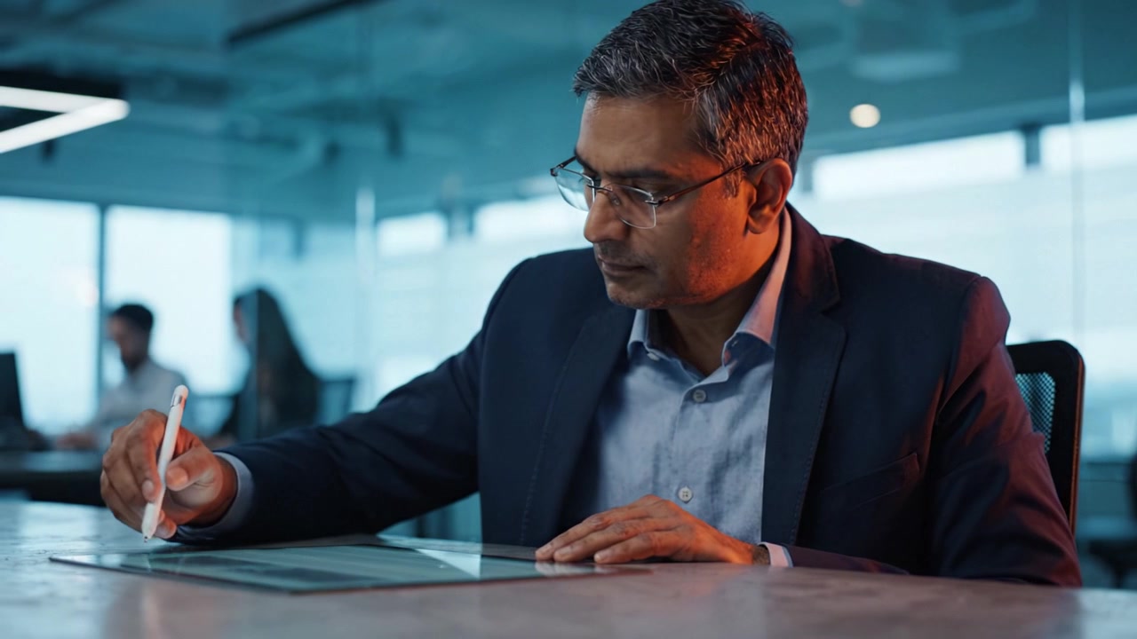 Focused Professional Working in Modern Office on Digital Tablet, Engaged in Complex Task, Demonstrating Creativity and Dedication in Work Environment