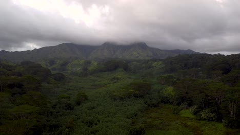 Imágenes-Aéreas-Descendentes-Cinematográficas-Que-Revelan-Una-Exuberante-Selva-Tropical,-Ríos-Y-Montañas-Verdes-Con-Nubes-Al-Atardecer