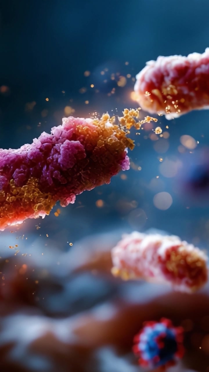 Vista ingrandita di batteri e microrganismi in una scena dinamica, che mostra colori vivaci e texture di strutture biologiche in un ambiente microscopico
