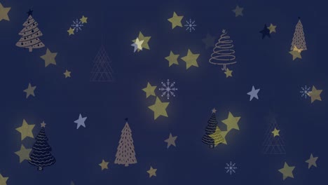 Animation-of-stars-and-christmas-tree-pattern-on-dark-background