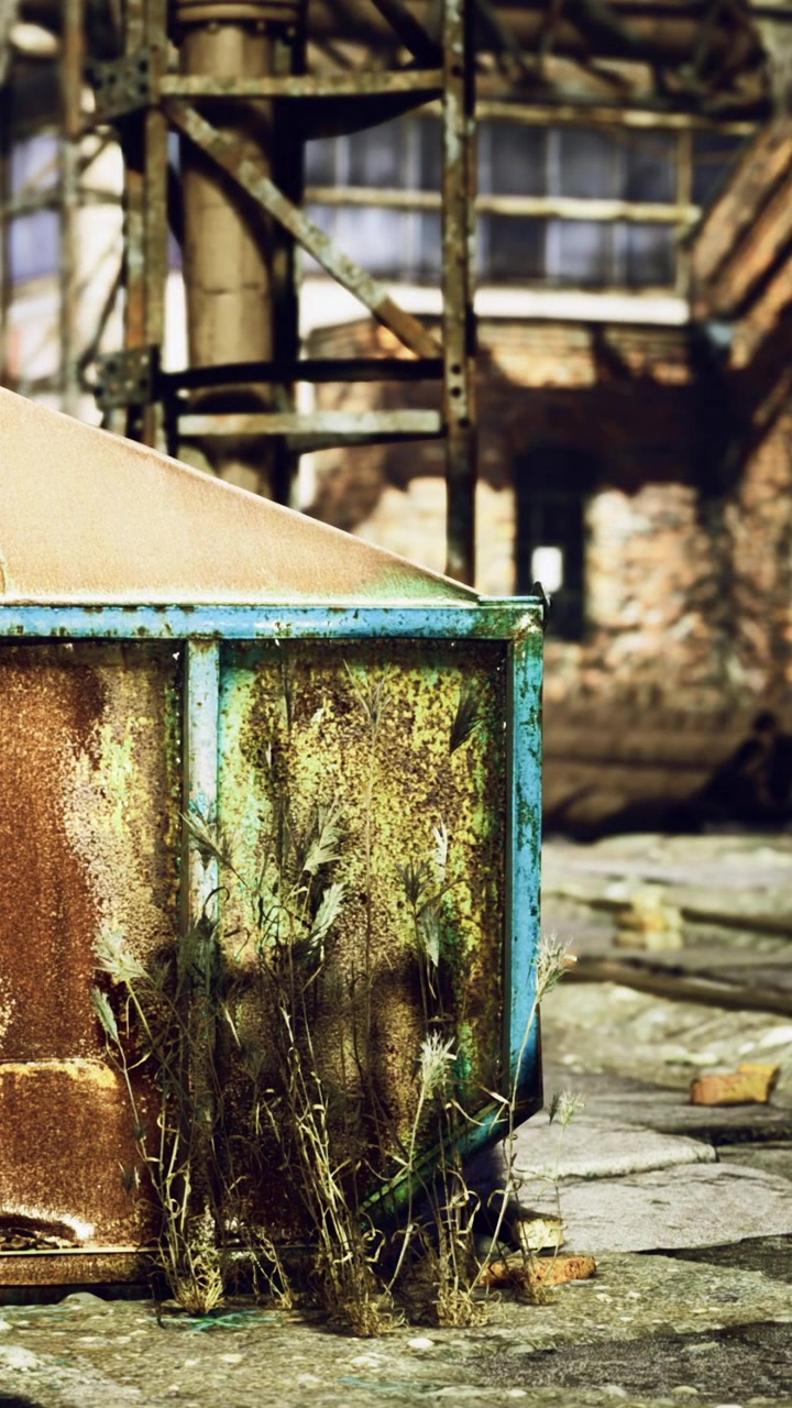 Old structure with rusty metal and weeds in an abandoned area at daytime